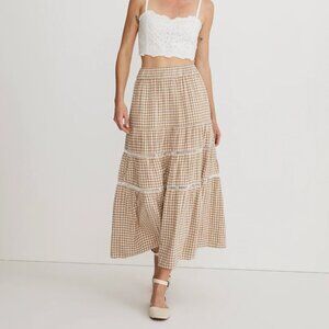 Madwell Linen-Blend Eyelet-Trim Tiered Maxi Skirt Large